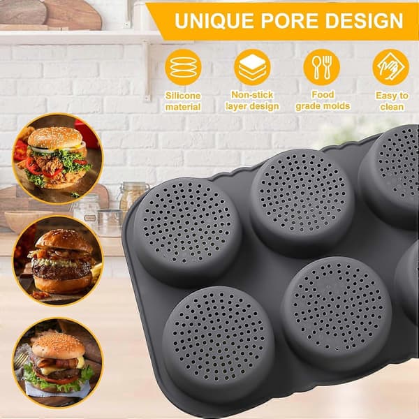 Burgerboller Silikone Bageform Rund 10 cm Diameter, Silikone Bageform med 6 Hulrum, Non-Stick Silikone Brødform til Hamburgerbrød Muffins