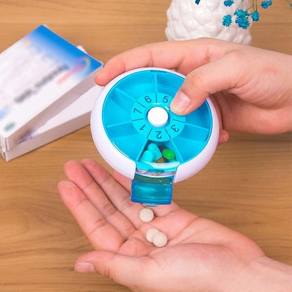 Rund pillerask, 7-dagars pillerask, vridbar pillerask med trycklås, blå siffror