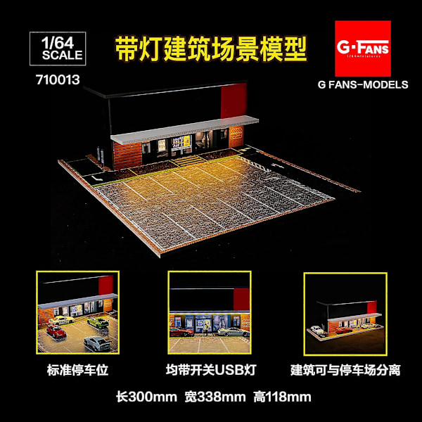 1:64 G FANS Bilgarage Diorama Modell Med LED-lampor Parkeringsplatser Stad DIY Modellset Kan Kombineras med Städer 710013