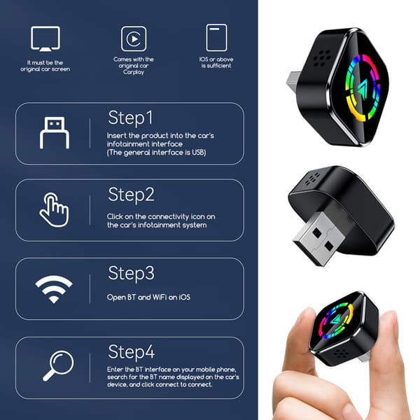Langaton CarPlay & Android Auto -sovitin – 2-in-1 langaton sovitin iPhonelle ja Androidille – Nopea ja vakaa yhteys saumattomaan autointegraatioon A