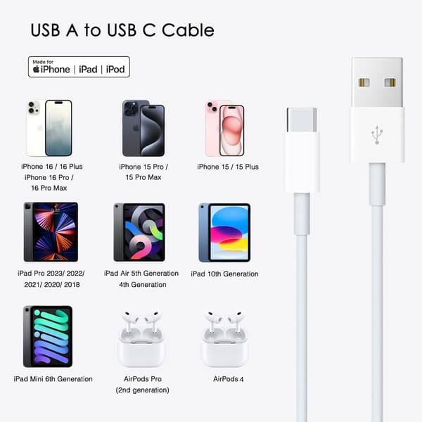 2025 Seneste Model Bil Carplay-kabel til iPhone 15/16, USB A til USB C-kabel Kompatibel til iPhone 15/16/16E/SE4, 15/16 Pro Max, 15/16