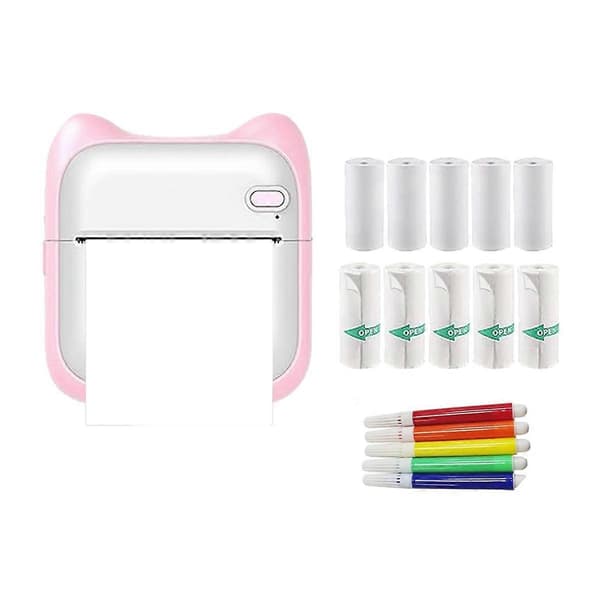 Mini Printer Sticker Maker, Bærbar Termisk Sticker Printer, Mini Blækfri Printer med 10 Rulle Papir og 5 Farve Penne Pink
