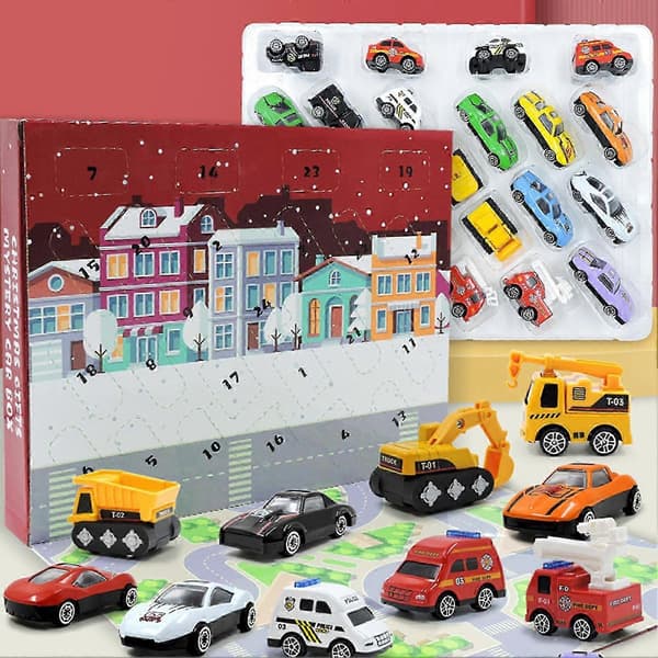24 stk. Jule Mini Bil Legetøj Julekalender - Giftfri & Lugtfri til Cosplay & Karneval Rollespil