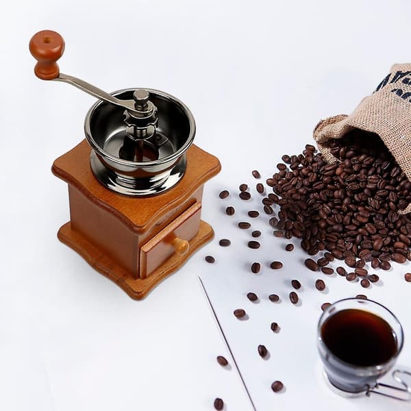 Klassisk handdriven kaffekvarn i trä, keramisk kaffekvarn, kaffebönsvals