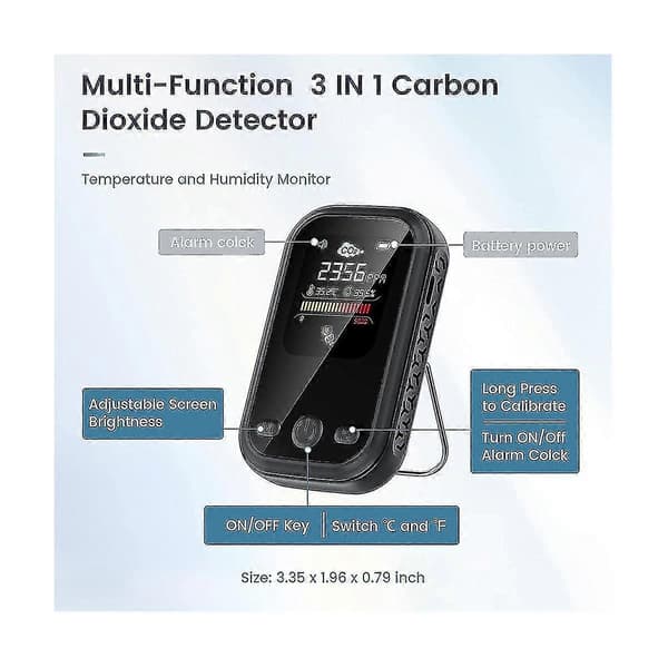 Bærbar CO2-monitorsensor med NDIR, 3 i 1 luftkvalitets-kuldioxid detektor til rejser