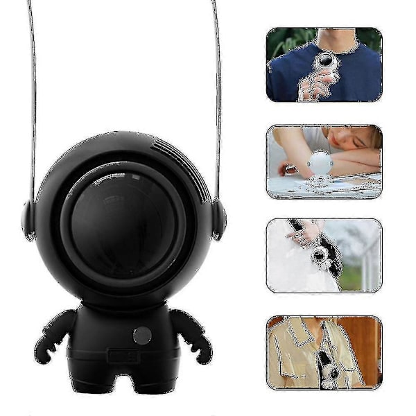 Usb Protable tuuletin ripustettava kaula Kädessä pidettävä Lazy Mini Leafless Spaceman tuuletin kaulanauhalla-mustalla