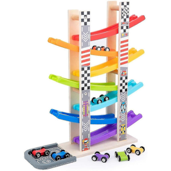 Leksak för småbarn lämplig för 1 2 3 år gamla Träbil Ramp Racing Leksaksbilset med 7 Minibilar Track20240603