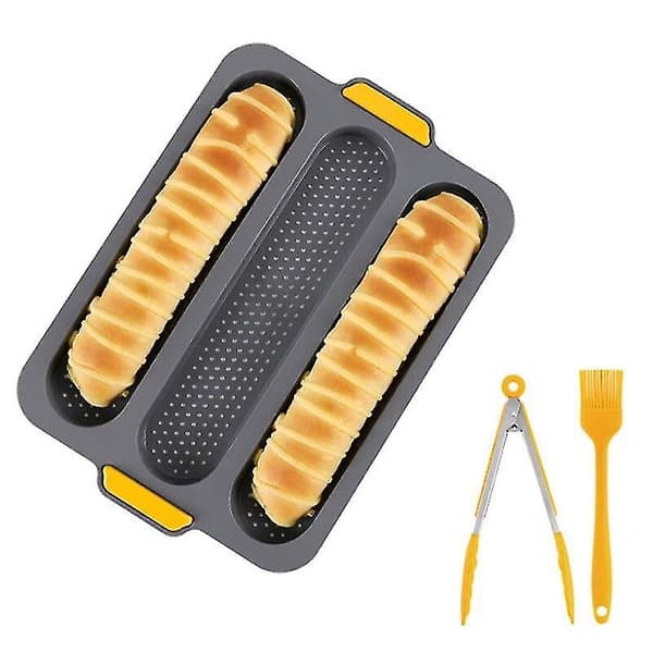 Baguetteformssæt til gryderetter, 3 riller, non-stick silikonebrødform, varmebestandig bagepladeform, grå