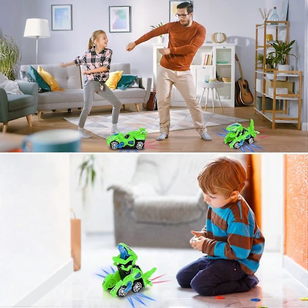 Automatiska dinosaurieleksaker med musik, 2 i 1 automatiska dino-bilar med LED-ljus, dinosaurieleksaker för barn 3-5 år, grön -