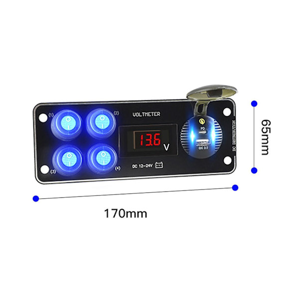 Autolaturi 36W Vedenpitävä 4-osainen kytkinpaneeli veneisiin ja asuntovaunuihin Red Light 170mmx65mm