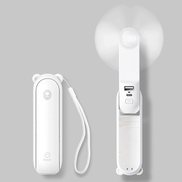 Handhållen minifläkt, 3 IN 1 handfläkt, portabel USB-uppladdningsbar liten fickfläkt för kvinnor, resor, utomhus-vit