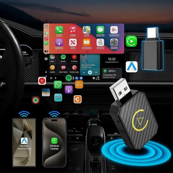 R5050 2-i-1 Trådlös CarPlay Android Auto Adapter Kolfibertextur WiFi Bluetooth 5.0 Smart Don