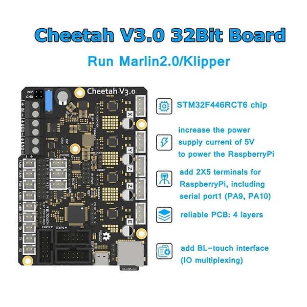 Cheetah V3.0 32bit Kontrollkort Kontroll 4 Akser Integrert TMC2209 for Voron V0.2 CR10 Ender3 Ender5 3D-printer Black
