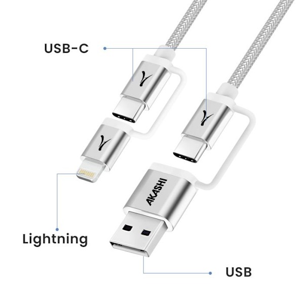 Kabel 4 i 1 USB-C + Lightning Kompatibel med Apple CarPlay Android Auto Akashi Grå Grå