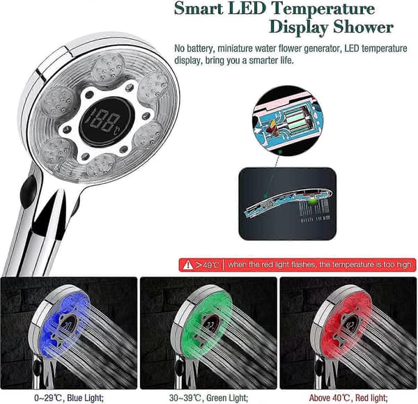 LED Brusehoved, 3 Farver Brusehoved Med Temperaturvisning, Badeværelsesbrusehoved, Vandbesparende Brusehoved