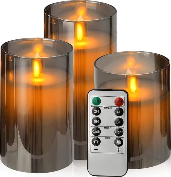 3 stk. LED flammeløse lys med fjernkontroll og timerfunksjon, LED-lys 4/5/6 tommer batteridrevne vokslys, grå