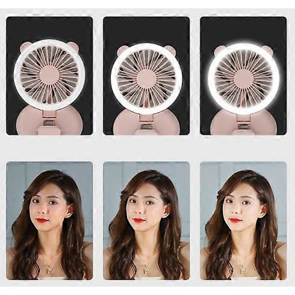Rosa 2 i 1 Clip-on Fläkt Mini Bärbar Vikbar 3 hastigheter med LED