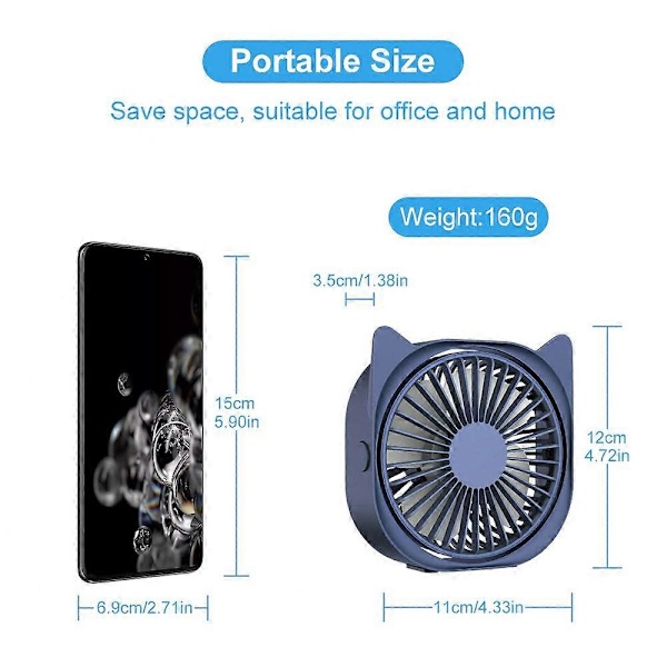 USB-bordsfläkt, portabel mini skrivbordsfläkt 3 hastigheter 360 rotations-USB-fläkt för bärbar dator i hemmet och kontoret Noteb