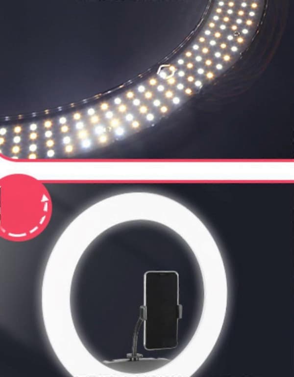 Ring Light, LED Ring Light, Cirkel Lys med Bordholder, Telefonholder & Dæmpbar 3 Modes