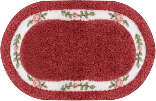 Blomstrete baderomsmatte, sklisikker, maskinvask, absorberende mikrofiber dørmatte, oval form rose