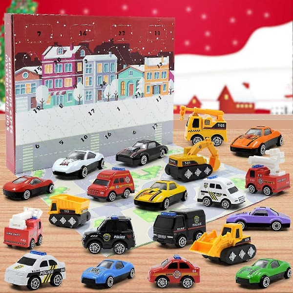 24 stk. Jule Mini Bil Legetøj Julekalender - Giftfri & Lugtfri til Cosplay & Karneval Rollespil