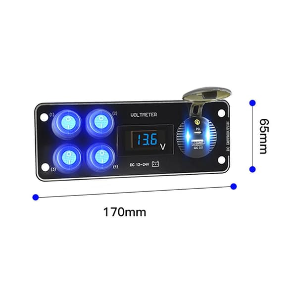 Billader 36W Vanntett 4-veis bryterpanel for båt, campingvogner, rødt lys Blue Light 170mmx65mm