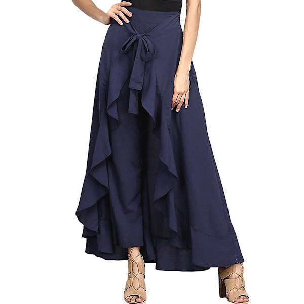 Dam Palazzo Pants Oregelbunden Lös Solid Dam Byxor Klänning Navy XL