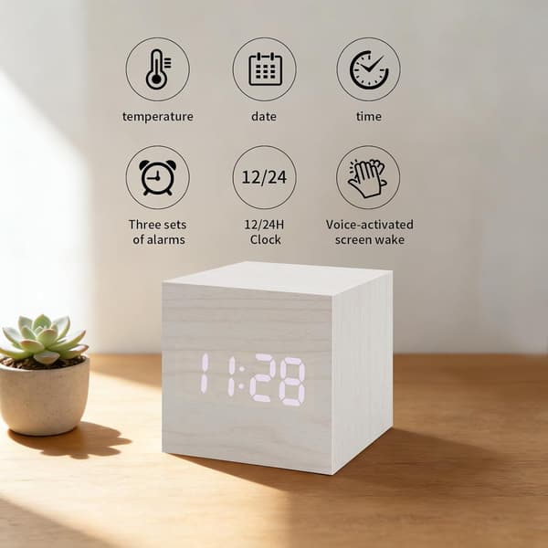 Digital LED-väckarklocka i träimitation, nattlampa med termometer, USB-driven bambu Bamboo