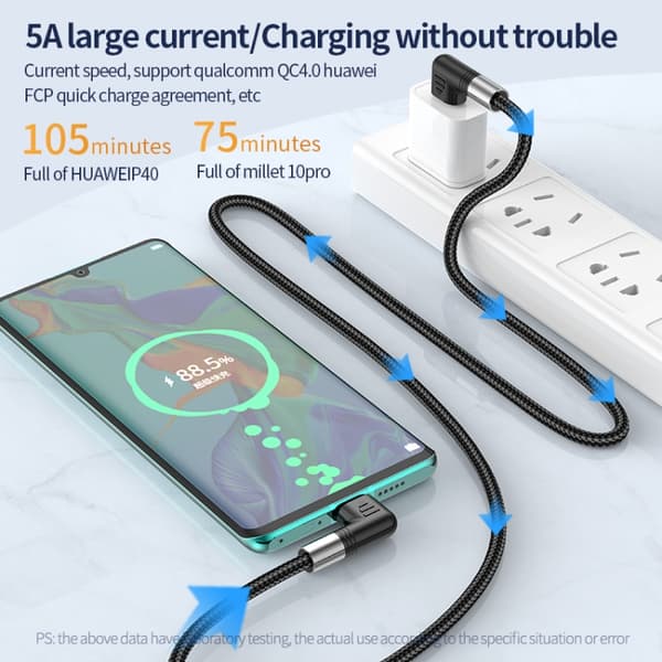 USB-C til USB-C-kabel med vinklede kontakter, 5A, 100W, 1m