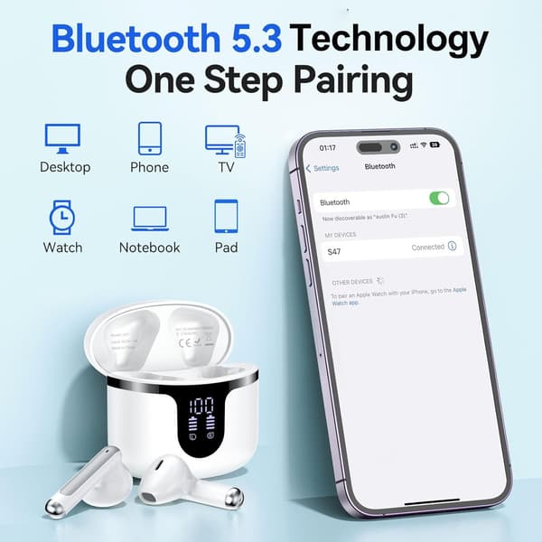 Bluetooth-hodetelefoner, Bluetooth 5.3 trådløse ørepropper med LED-indikator, IP7 vanntette øretelefoner