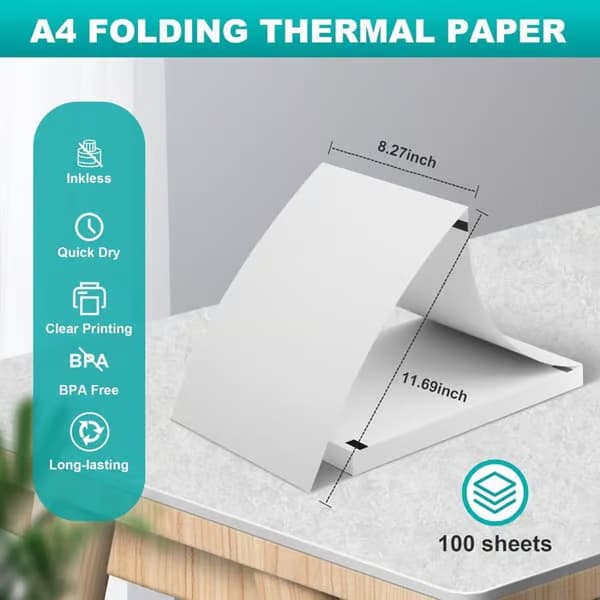 (100 ark) A4 termisk papir, foldbart, BPA-frit, hurtigtørrende, til termiske printere