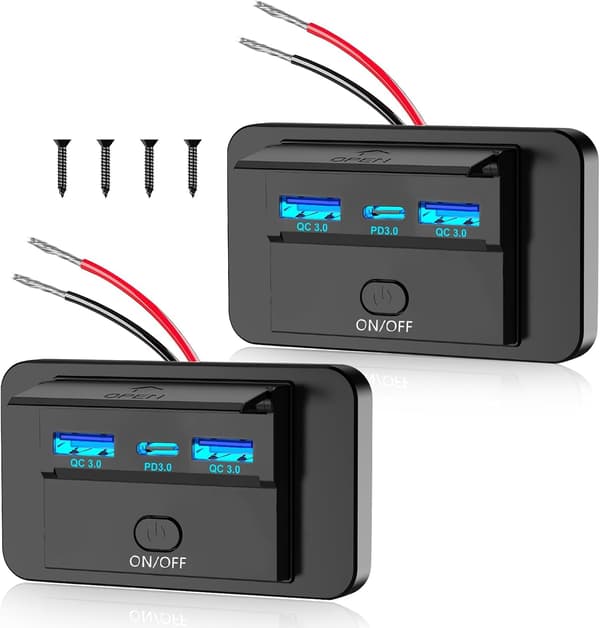 2 stk. 3 porte 12V RV USB-stik 90W, Dobbelt PD3.0 Type-C Hurtigopladning 72W og USB QC3.0 18W Panel Vægmontering Sort