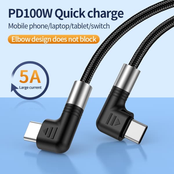 USB-C til USB-C-kabel med vinklede kontakter, 5A, 100W, 1m