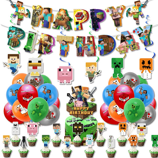 Pixel Spel Tema Födelsedagsfest Dekoration Set Banner Bunting Set B