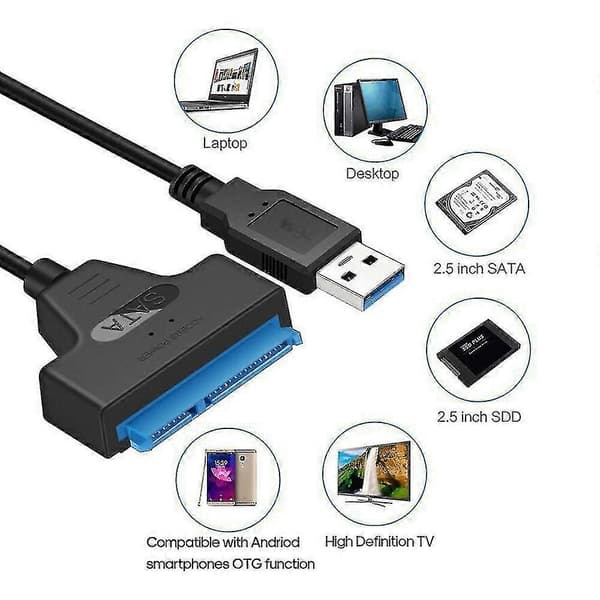 USB 3.0 til SATA III harddiskadapterkabel med LED-lys Datamaskin Harddriver Tilkoblingskabel for 2,5-tommers Solid State-stasjoner og harddisk