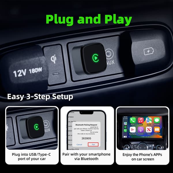 Trådløs CarPlay-adapter - D07 Sølv 2-i-1 til Apple- og Android-telefoner, kompatibel med Apple og Android