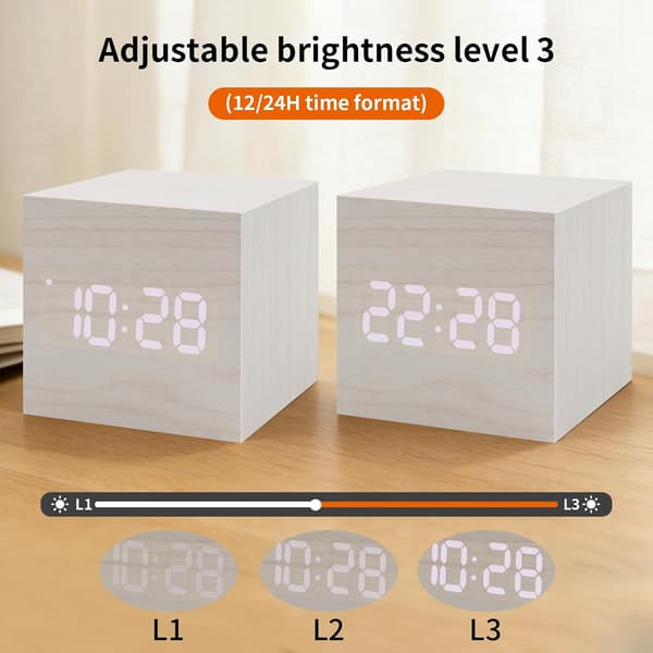 Digital LED-väckarklocka i träimitation, nattlampa med termometer, USB-driven, vit White