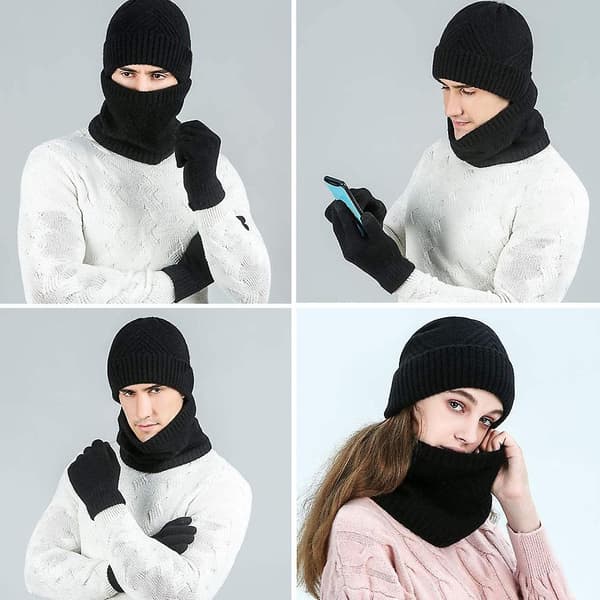 Vinter Beanie Hat Scarf Touchscreen Handsker Sæt Til Mænd Og Kvinder Sort
