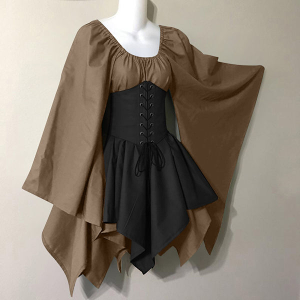 Svart gotisk klänning sommar medeltida renässansdräkt Brown + black 5XL