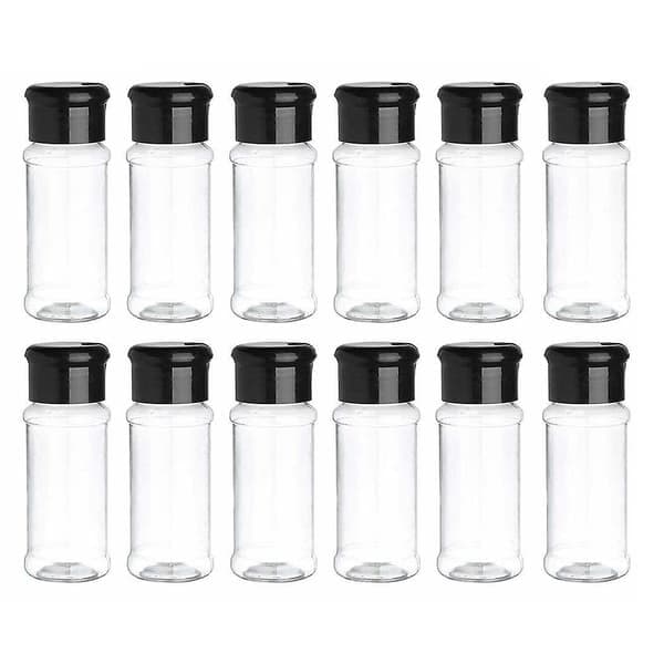 12-pack kryddburkar i plast med lock, 100 ml kryddförvaringsbehållare flaskor kryddburkar