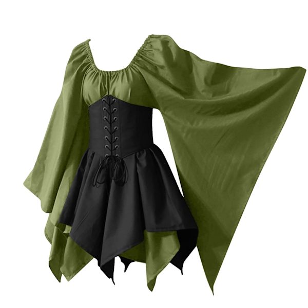 Svart gotisk klänning sommar medeltida renässansdräkt Emerald green + black L