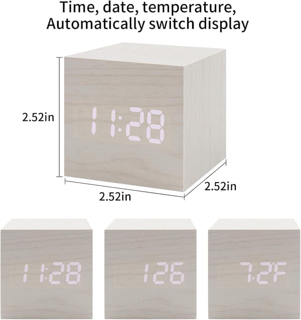 Digital LED-väckarklocka i träimitation, nattlampa med termometer, USB-driven, vit White