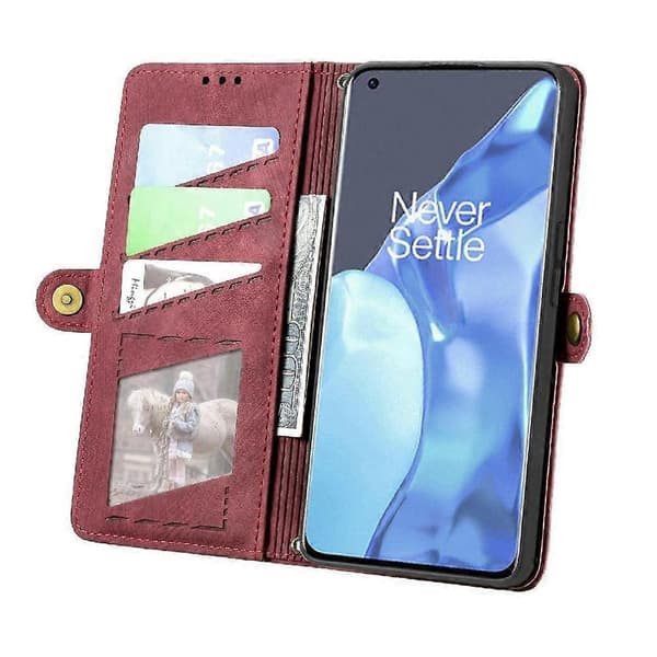 OnePlus 9 Pro Flip Plånbok Läderfodral Affärsstil Stötsäkert Skydd Röd Red