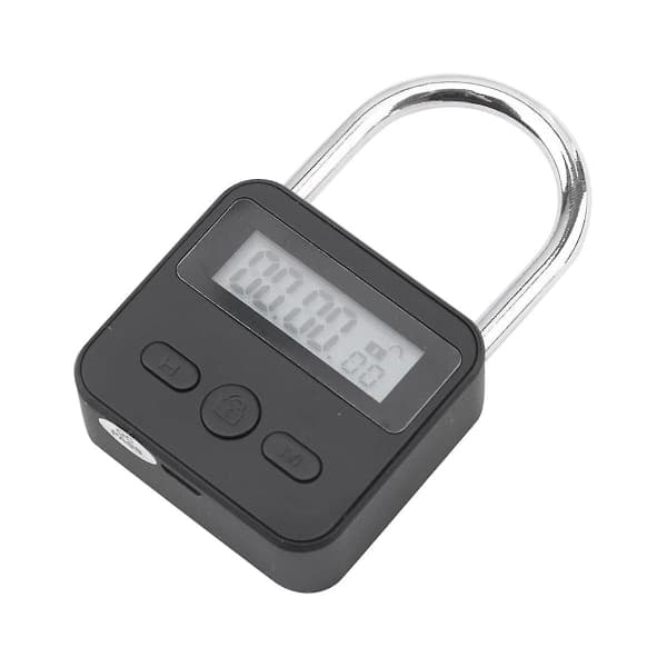 Metall Timerlås, LCD-skjerm, Multifunksjonell Elektronisk Timerlås, 99 Timer Maks Tid, USB Oppladbar (Svart)