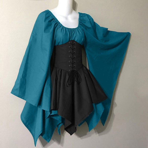 Svart gotisk klänning sommar medeltida renässansdräkt Peacock green + black M