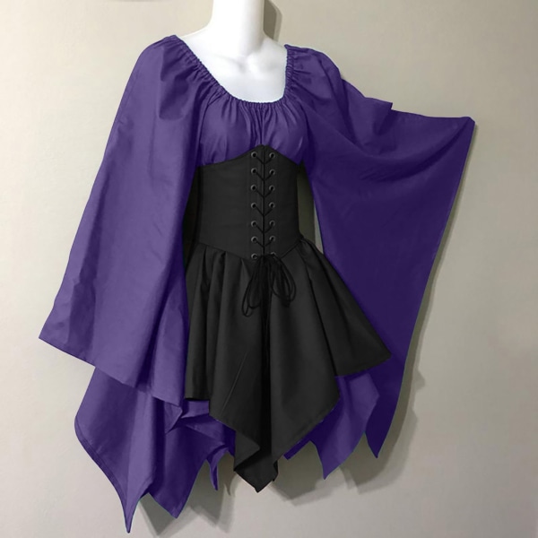 Svart gotisk klänning sommar medeltida renässansdräkt Purple + black 5XL