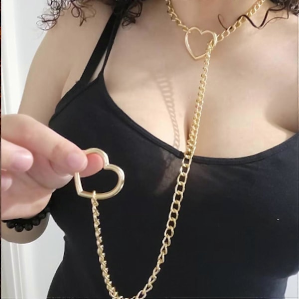 Hjerte O-ring Slip Chain Halskæde til Kvinder Rustfrit Stål Cuban Chain Hjerte Halskæde Punk Rock Krave Halskæde Håndlavet Justerbar Lariat Y Halskæde gold
