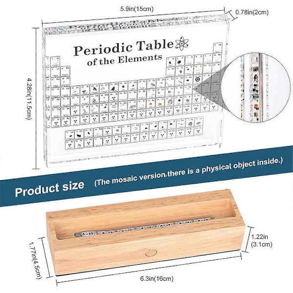 Periodisk system med ekte elementer inni, elementenes tabell, akryl periodisk systemdisplay med 83 ekte prøver