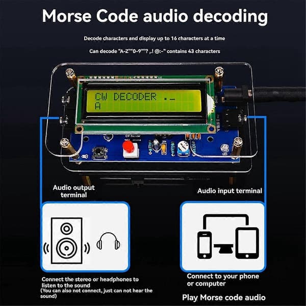 Dekoder for Morse-kode, DIY-sett, CW Morse-kode-øvingsdekodersett, Ham Radio med digital LCD, US-kontakt