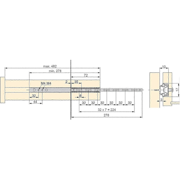 Paket med 5 par (10 stycken) utdragsskenor/kullagerutdragsskenor Del 17mm X 278mm för låda, zinkpläterad 182mm